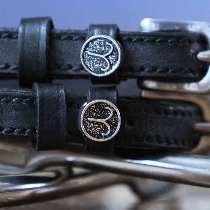 Close-up of round Aries zodiac charms on black leather ManeJane spur strap keepers