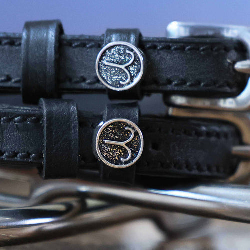 Close-up of round Aries zodiac charms on black leather ManeJane spur strap keepers