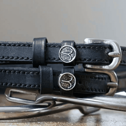 Silver buckles and Aries zodiac charms of black leather spur straps resting on a spur