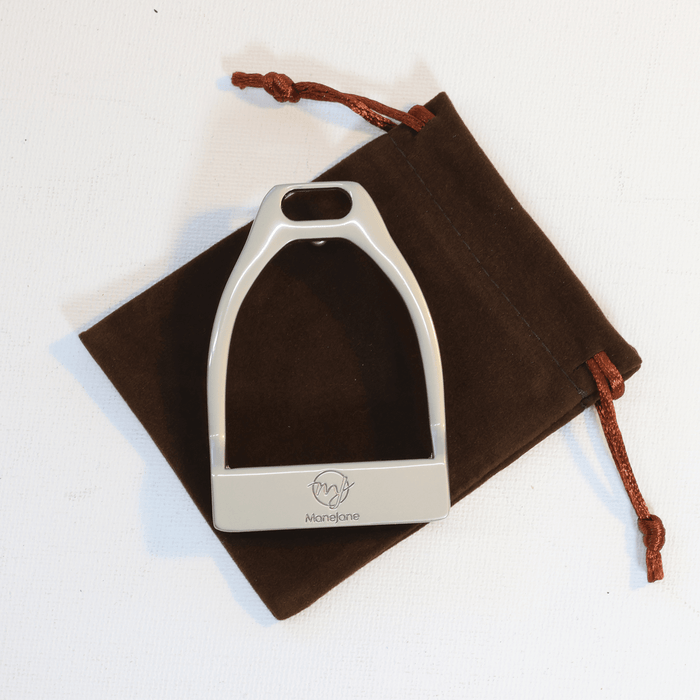 ManeJane Buckle Up! Stirrup Belt Buckle reversible leather belt, alternate angle, equestrian accessory by Dreamers & Schemers