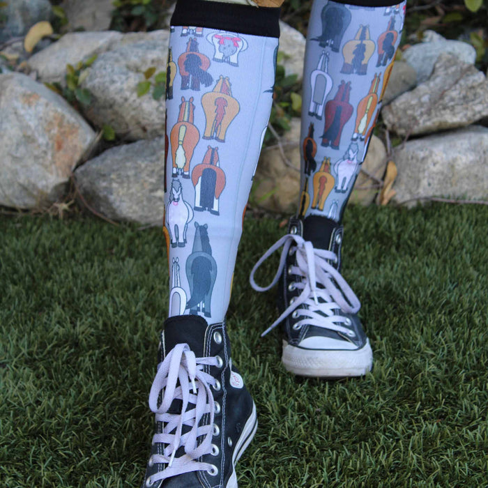 Butts Pair & a Spare equestrian boot socks featuring horse butts print, alternate angle, by Dreamers & Schemers