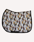 Butts saddle pad in grey printed with cartoon horse rear ends, English pad shown flat by Dreamers & Schemers