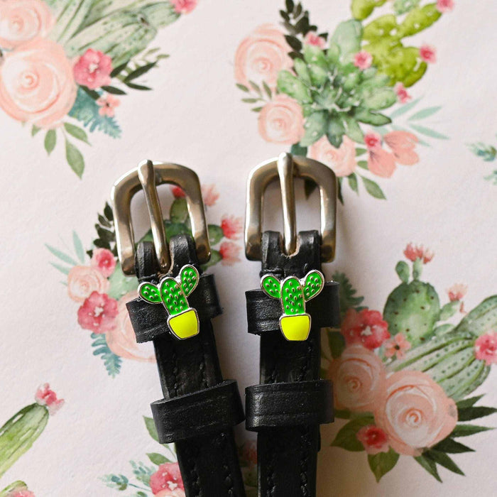 Cactus spur strap buckle ends against a watercolor floral and cactus background
