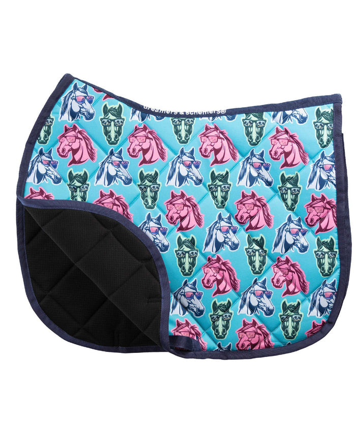 California Dreamin' all-purpose saddle pad with california palm trees in Light Blue, close-up of the pattern and stitching