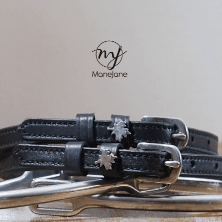 ManeJane logo above black leather maple leaf spur straps resting on silver spurs