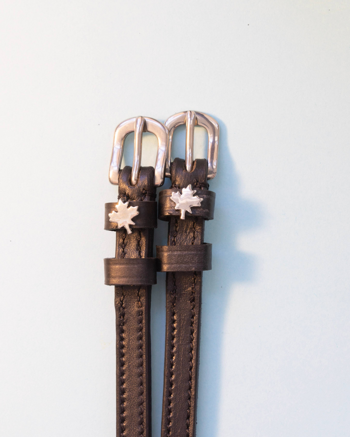 Dark brown leather maple leaf spur straps with silver buckles on a pale background