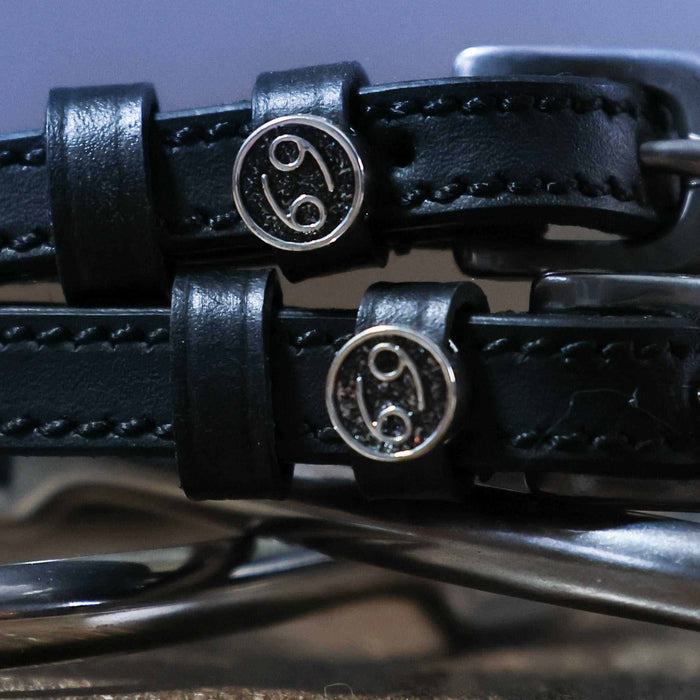 Close-up of round Cancer zodiac sign charms on black leather spur strap keepers
