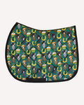 Carrot Cake saddle pad in teal with horse faces, cupcakes and horseshoes, English pad shown flat by Dreamers & Schemers
