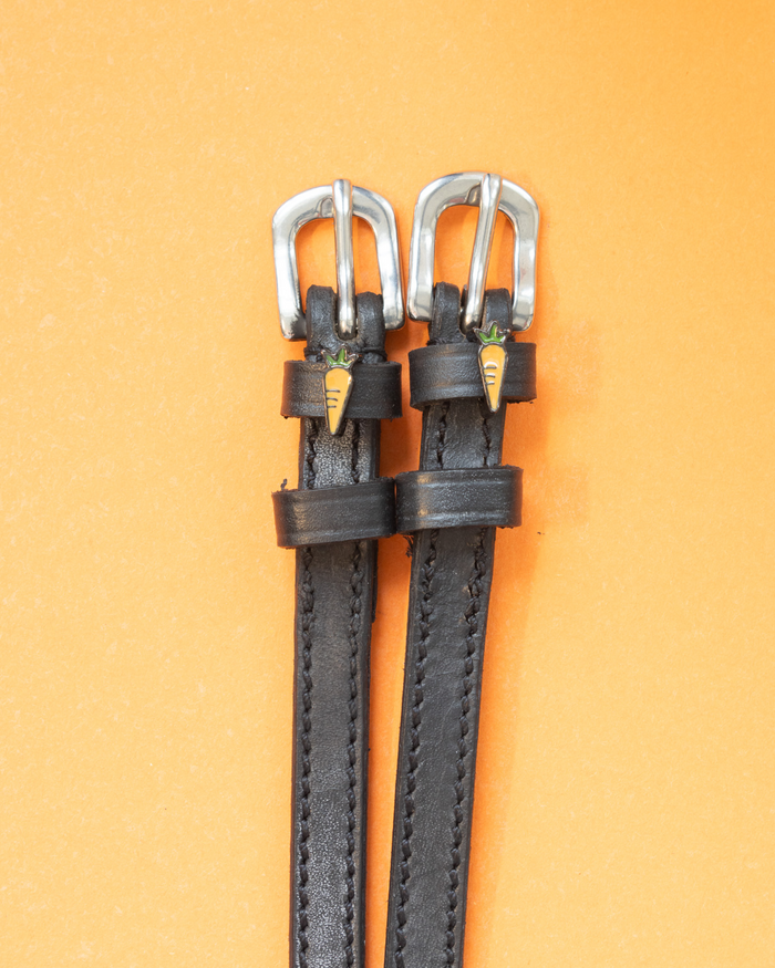 Black leather ManeJane carrot spur straps with silver buckles laid flat on an orange background
