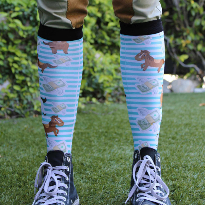 Cash Money Pair & a Spare equestrian boot socks featuring money dollar bills, alternate angle, by Dreamers & Schemers