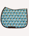 Cash Money saddle pad in turquoise with a money and llama print, all-purpose English pad shown flat by Dreamers & Schemers