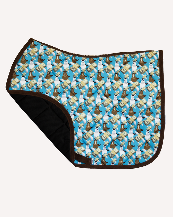 Cash Money saddle pad, corner folded back to show the black non-slip underside by Dreamers & Schemers