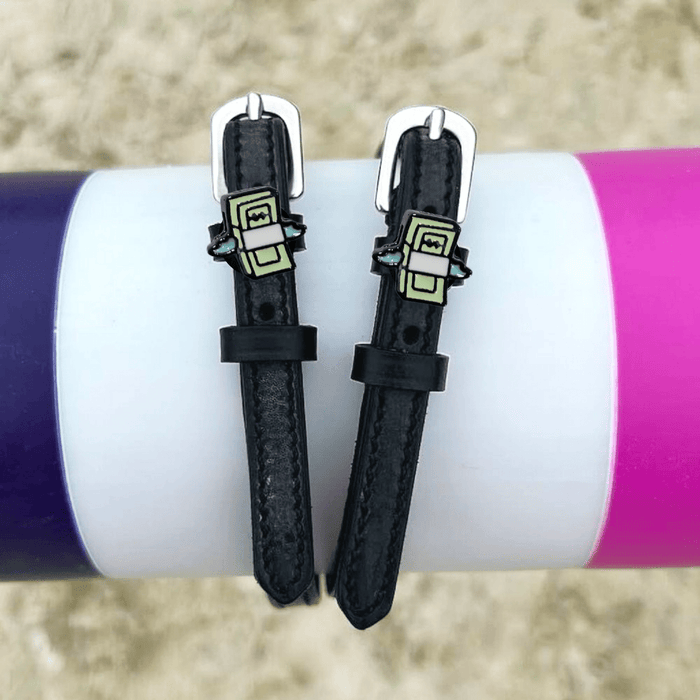 Cash money spur straps draped over a purple and pink jump pole outdoors