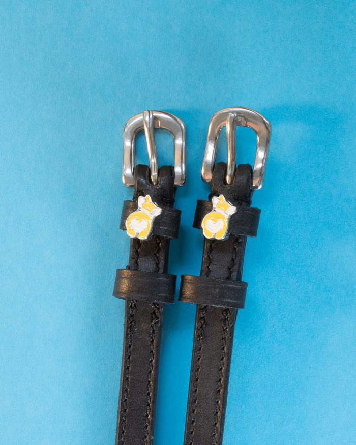 Black leather corgi butt spur straps flat-laid on a blue background
