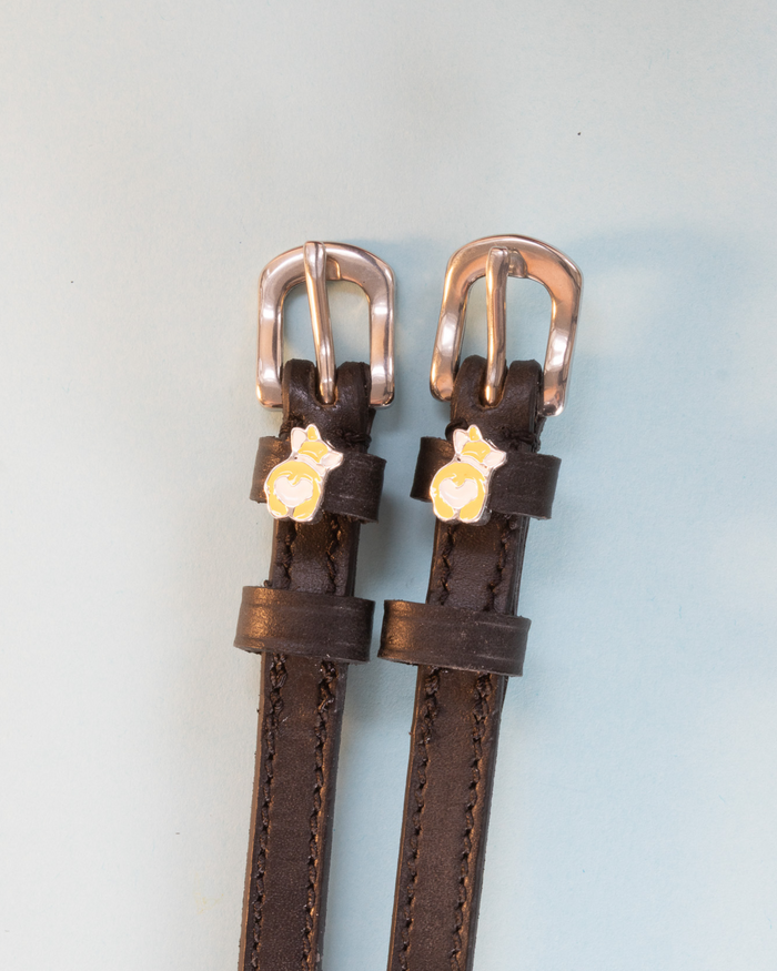 Dark brown leather corgi butt spur straps with rose-gold buckles