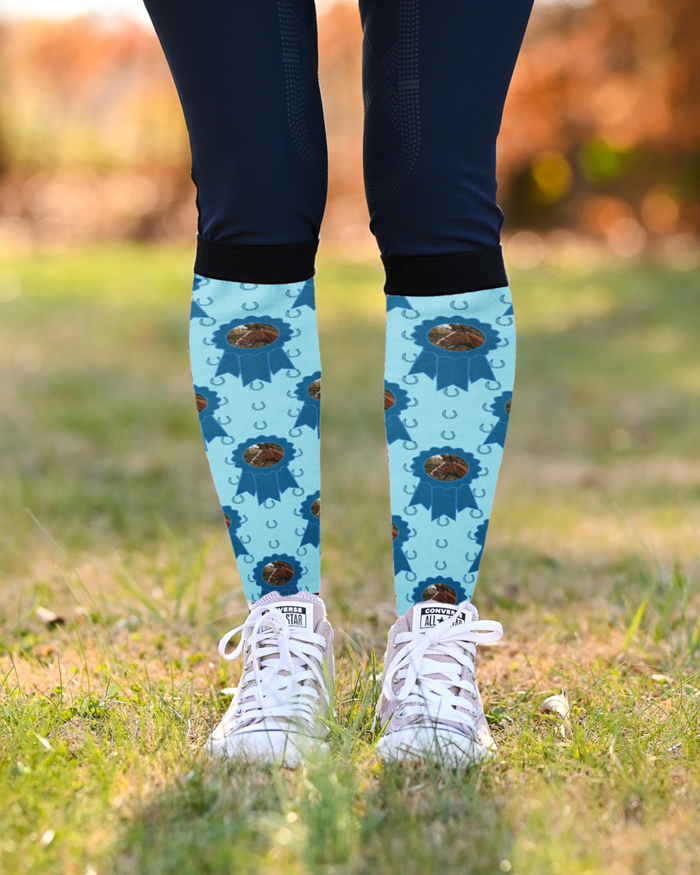 Blue Ribbon & Blue Horseshoes custom photo equestrian boot socks, by Dreamers & Schemers