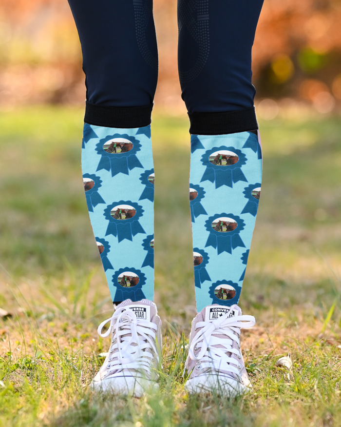 Blue Ribbons custom photo equestrian boot socks, by Dreamers & Schemers