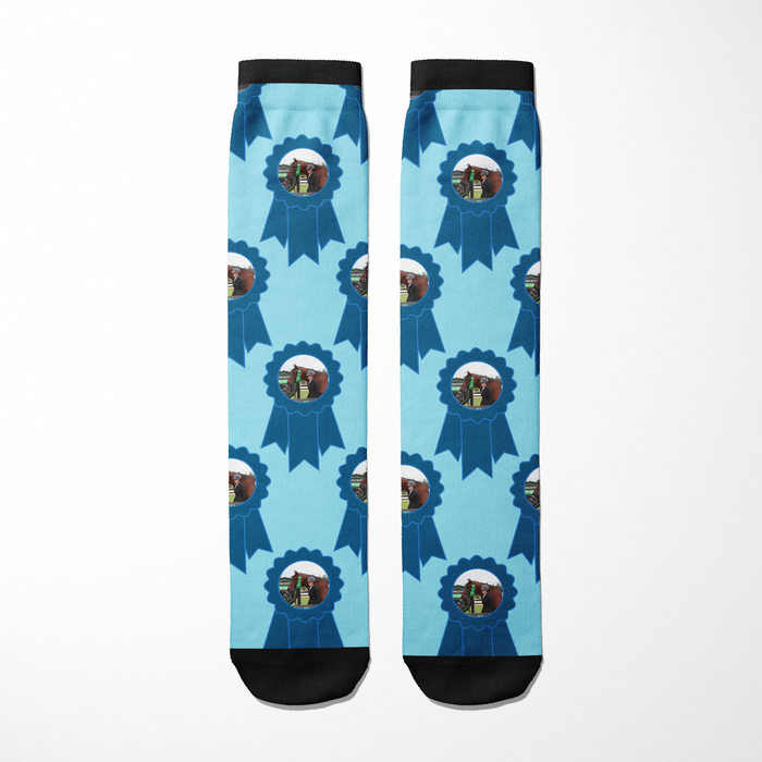 Custom Blue Ribbon Socks with personalized photo pattern on light blue background and black toes