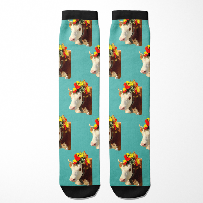 Custom Solo Socks featuring a cow photo with floral crown on turquoise background
