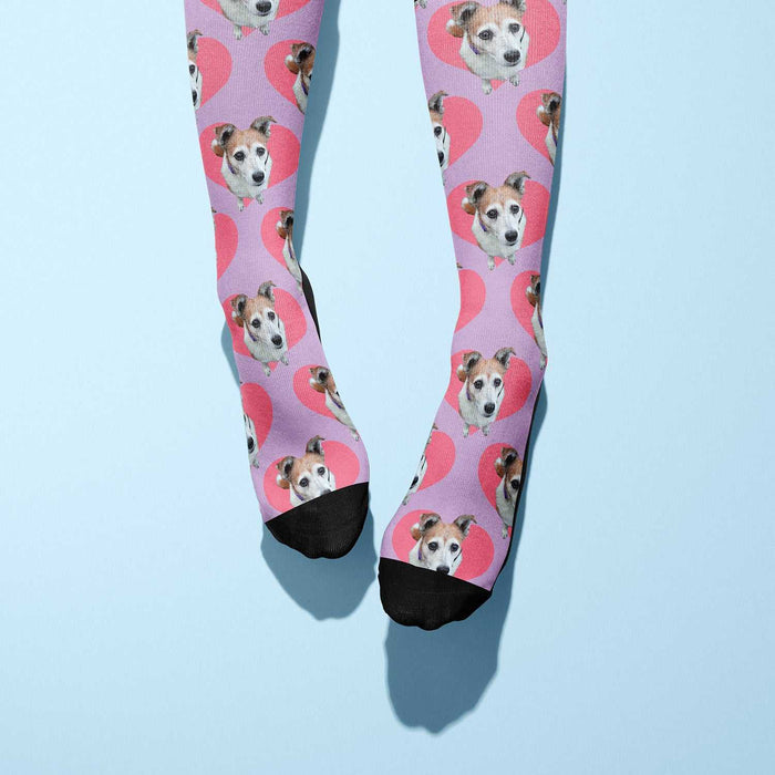 Hearts custom photo equestrian boot socks, product mockup showing the full design