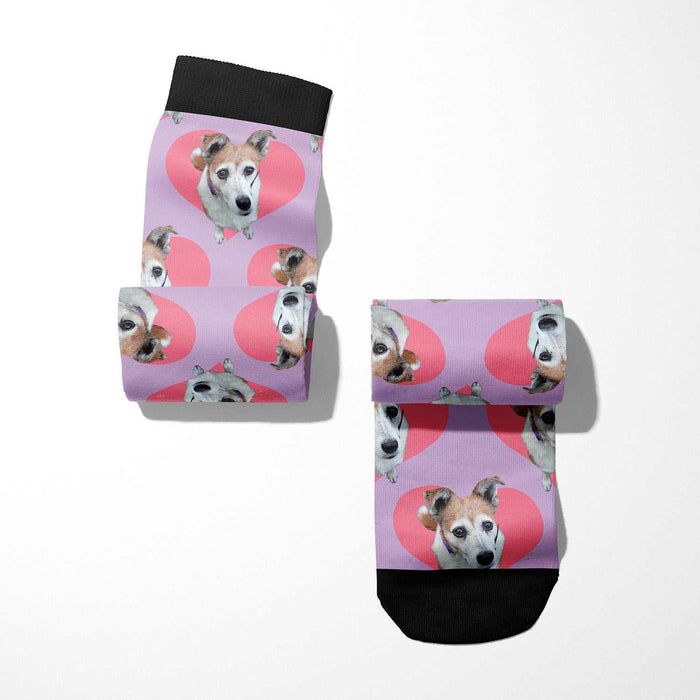 Hearts custom photo equestrian boot socks, product mockup showing the full design