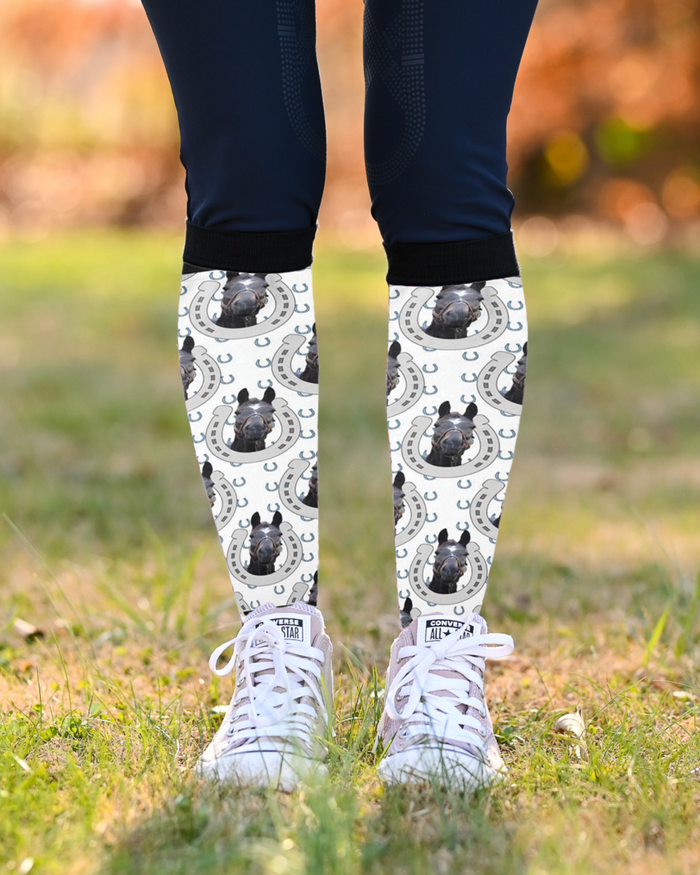 Horseshoe Bonanza custom photo equestrian boot socks, by Dreamers & Schemers