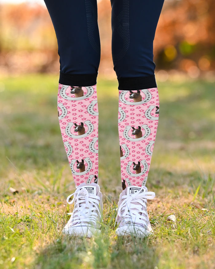 Horseshoes & Pinky Petals custom photo equestrian boot socks, by Dreamers & Schemers