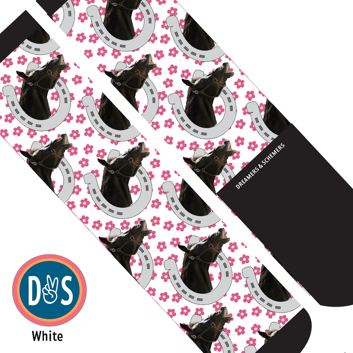 Horseshoes & Pinky Petals custom photo equestrian boot socks, additional view