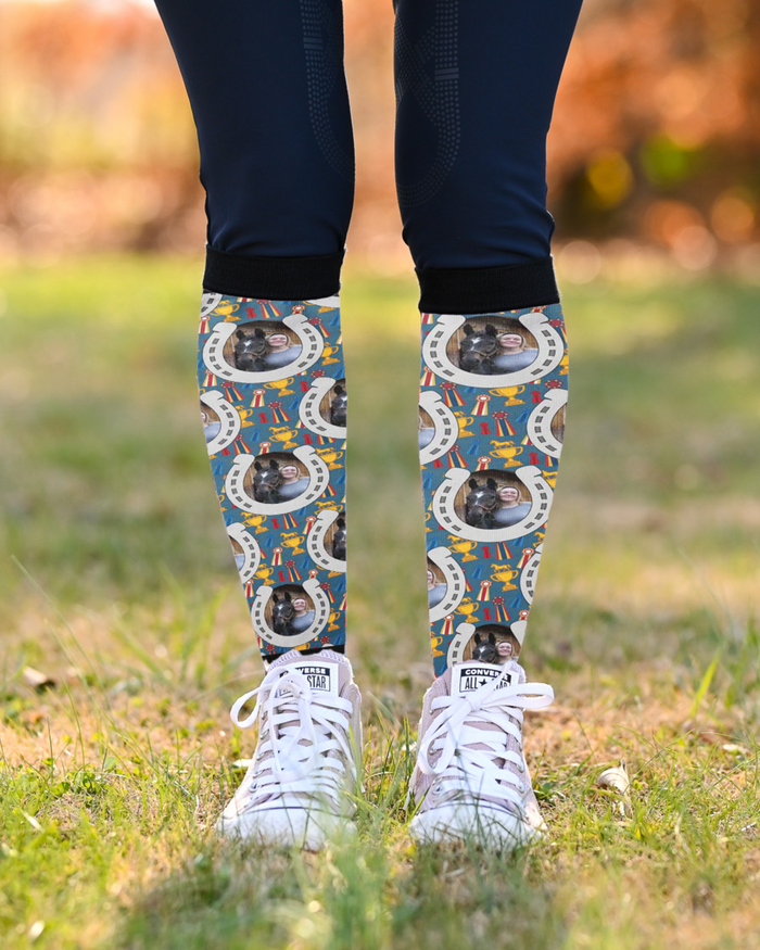 Horseshoes & Winner Winner custom photo equestrian boot socks, white, by Dreamers & Schemers
