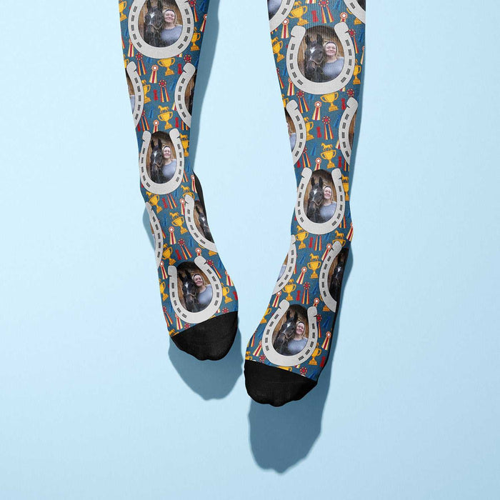 Custom boot socks with horseshoes and winner winner design, personalized with uploaded photo.