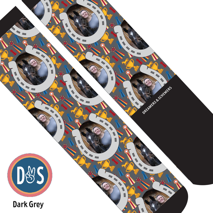 Custom Boot Socks with horseshoes and Winner Winner design, personalized with your photo