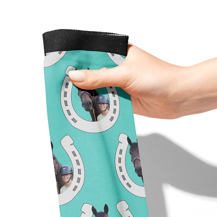 Horseshoes custom photo equestrian boot socks featuring horseshoe print, product mockup showing the full design, by Dreamers & Schemers