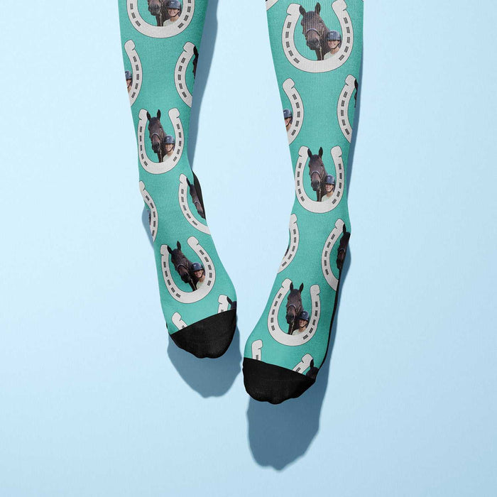 Horseshoes custom photo equestrian boot socks, product mockup showing the full design
