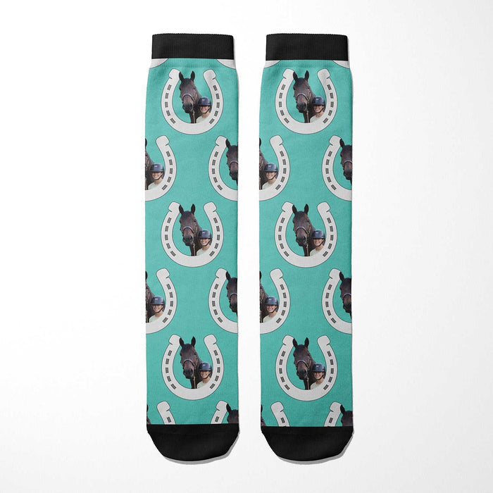 Horseshoes custom photo equestrian boot socks, product mockup showing the full design