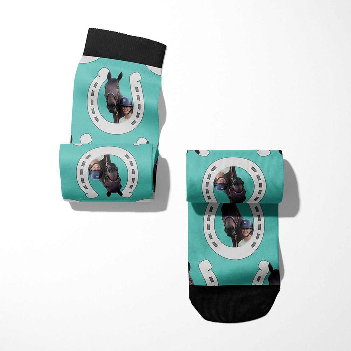 Horseshoes custom photo equestrian boot socks, product mockup showing the full design