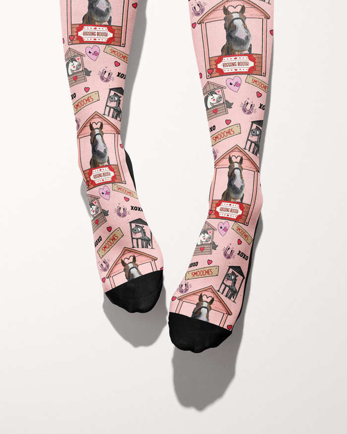 Kissing Booth custom photo equestrian boot socks, Pink, alternate angle, by Dreamers & Schemers