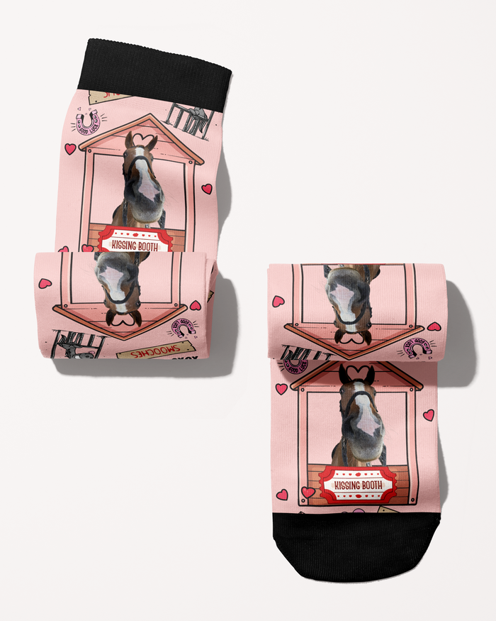 Kissing Booth custom photo equestrian boot socks, showing the full pattern layout, by Dreamers & Schemers