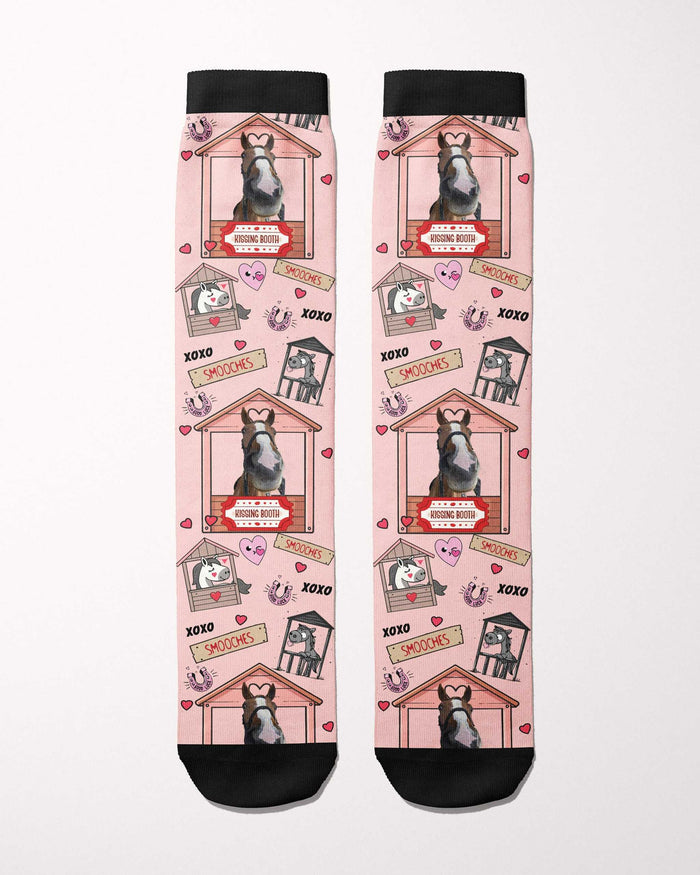 Kissing Booth custom photo equestrian boot socks, flat lay showing the complete pattern, by Dreamers & Schemers