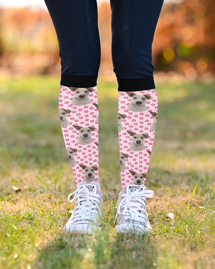 Pinky Petals custom photo equestrian boot socks, by Dreamers & Schemers
