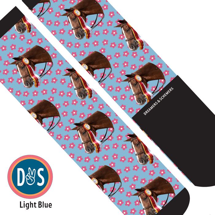 Pinky Petals custom photo equestrian boot socks, showing the full pattern layout