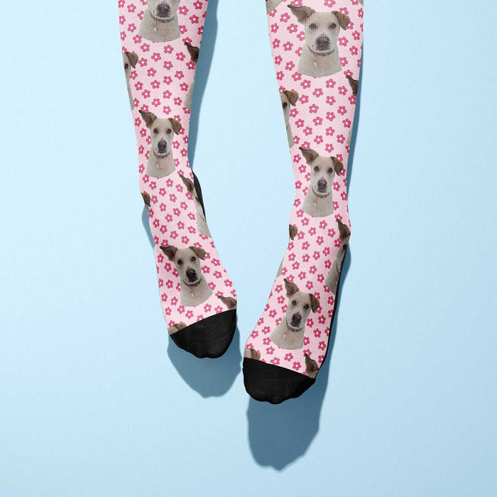Pinky Petals custom photo equestrian boot socks, pink background, product mockup showing the full design