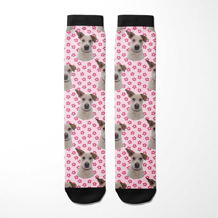 Pinky Petals custom photo equestrian boot socks, pink background, product mockup showing the full design