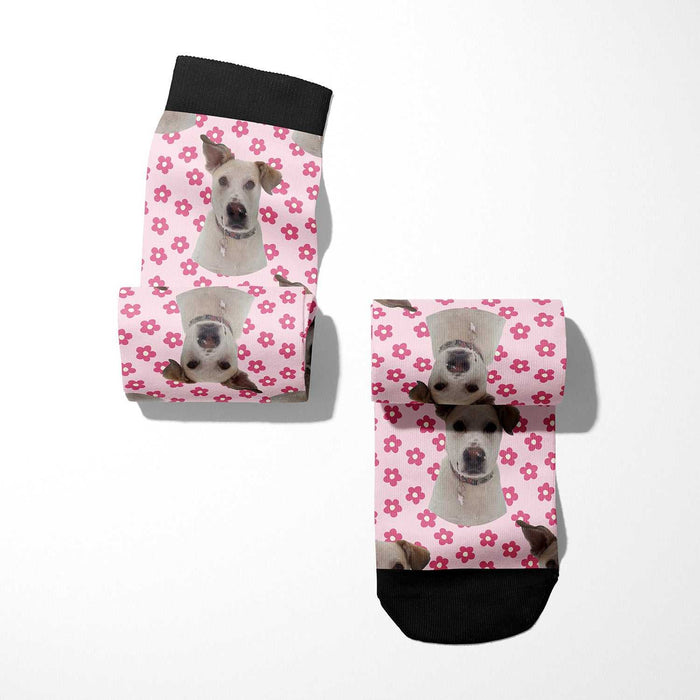 Pinky Petals custom photo equestrian boot socks, pink background, product mockup showing the full design