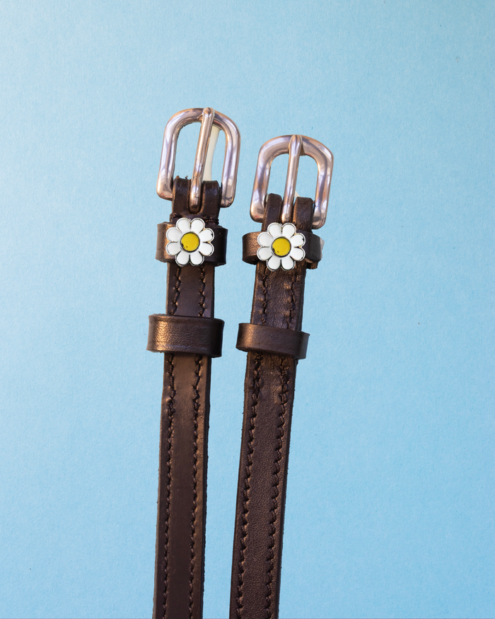 Dark brown leather ManeJane spur straps with silver buckles and white daisy charms on blue
