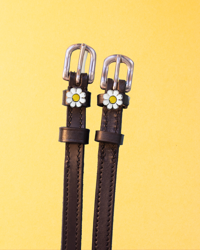 Brown leather daisy flower spur straps with silver buckles on a yellow background