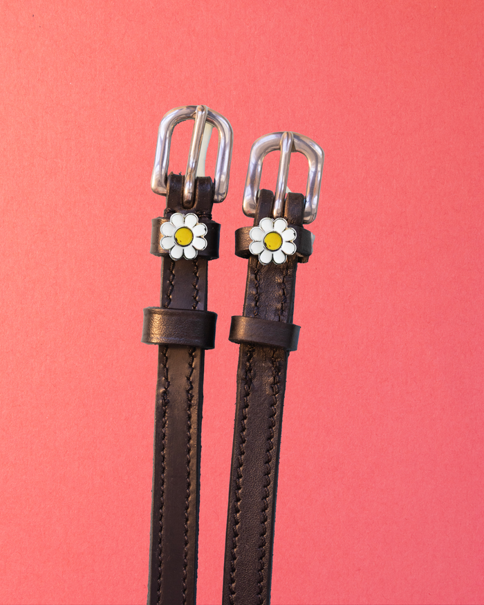 Black leather daisy flower spur straps with silver buckles on a coral background