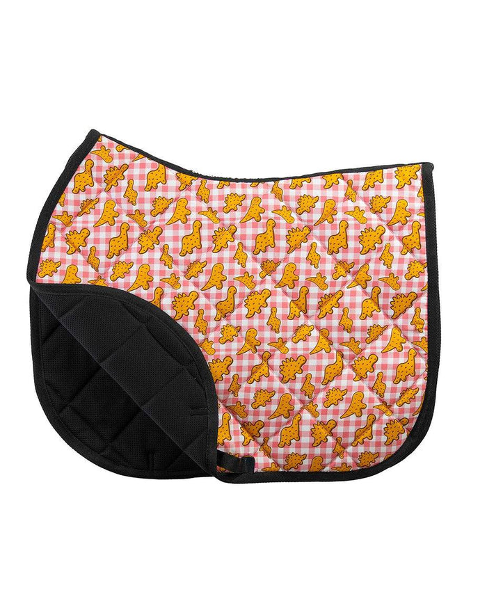 Dino Nuggies all-purpose saddle pad featuring dinosaur chicken nuggets, alternate angle, by Dreamers & Schemers