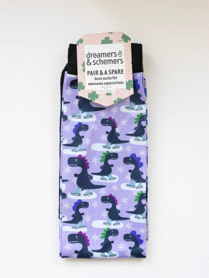 Dino-skate Pair & a Spare equestrian boot socks in their header card, by Dreamers & Schemers