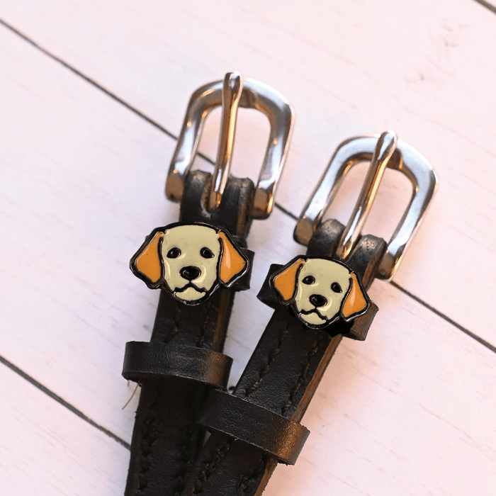Close-up of golden retriever charms on black spur straps with silver buckles on pink planks