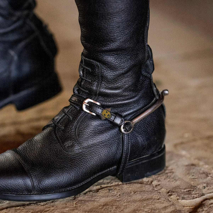 Labrador dog spur straps fastened on a rider's black English riding boot with spur